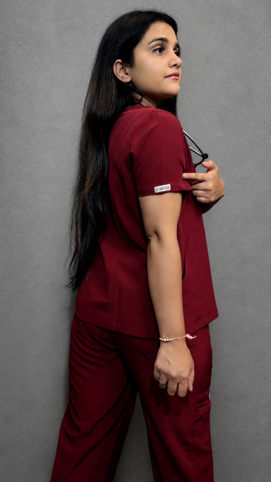 CHICITSA Cherry Red Medical Scrub Set