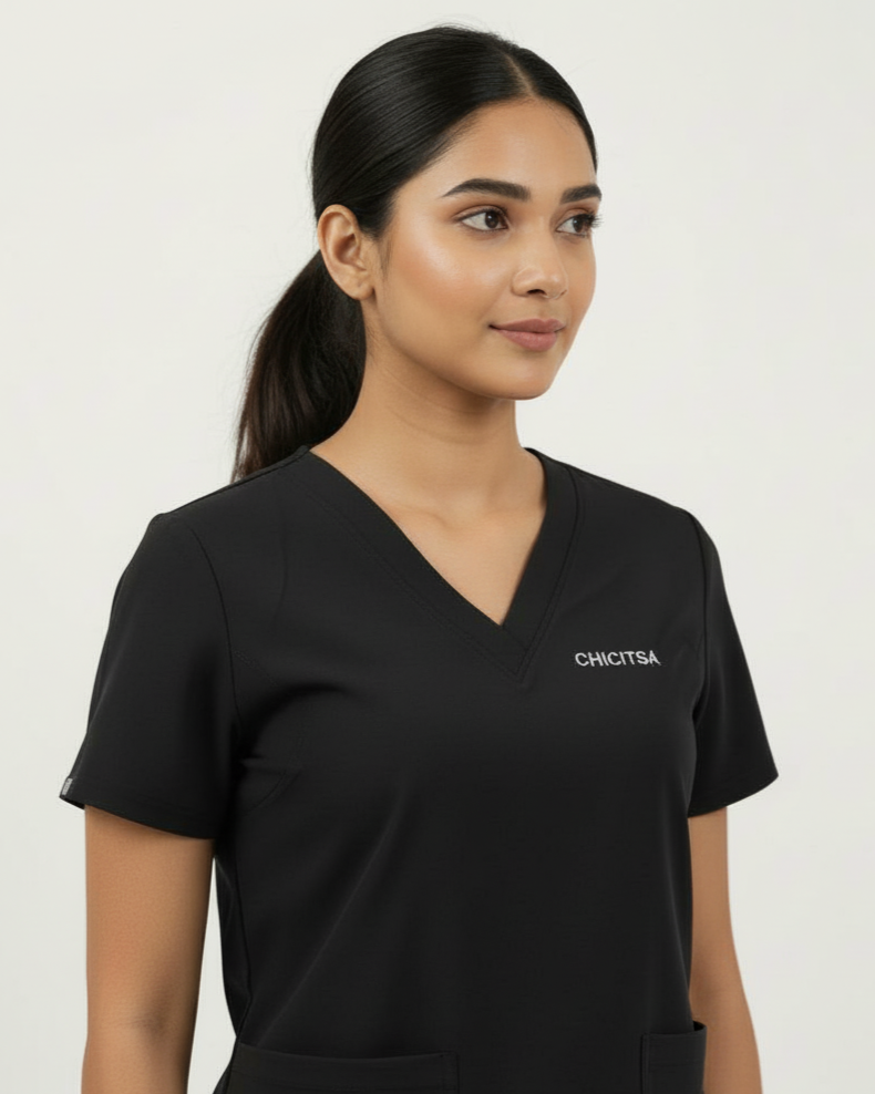 Woman wearing a black 'CHICITSA' scrub top against a plain background